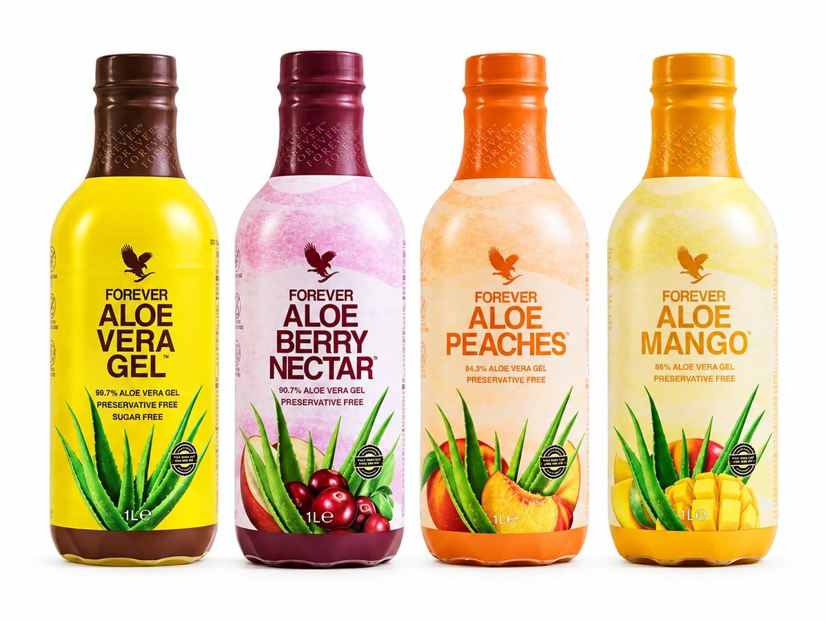 Quattro bottiglie da un litro di bevande FOREVER all'Aloe Vera: Aloe Vera Gel, Aloe Berry Nectar, Aloe Peaches e Aloe Mango