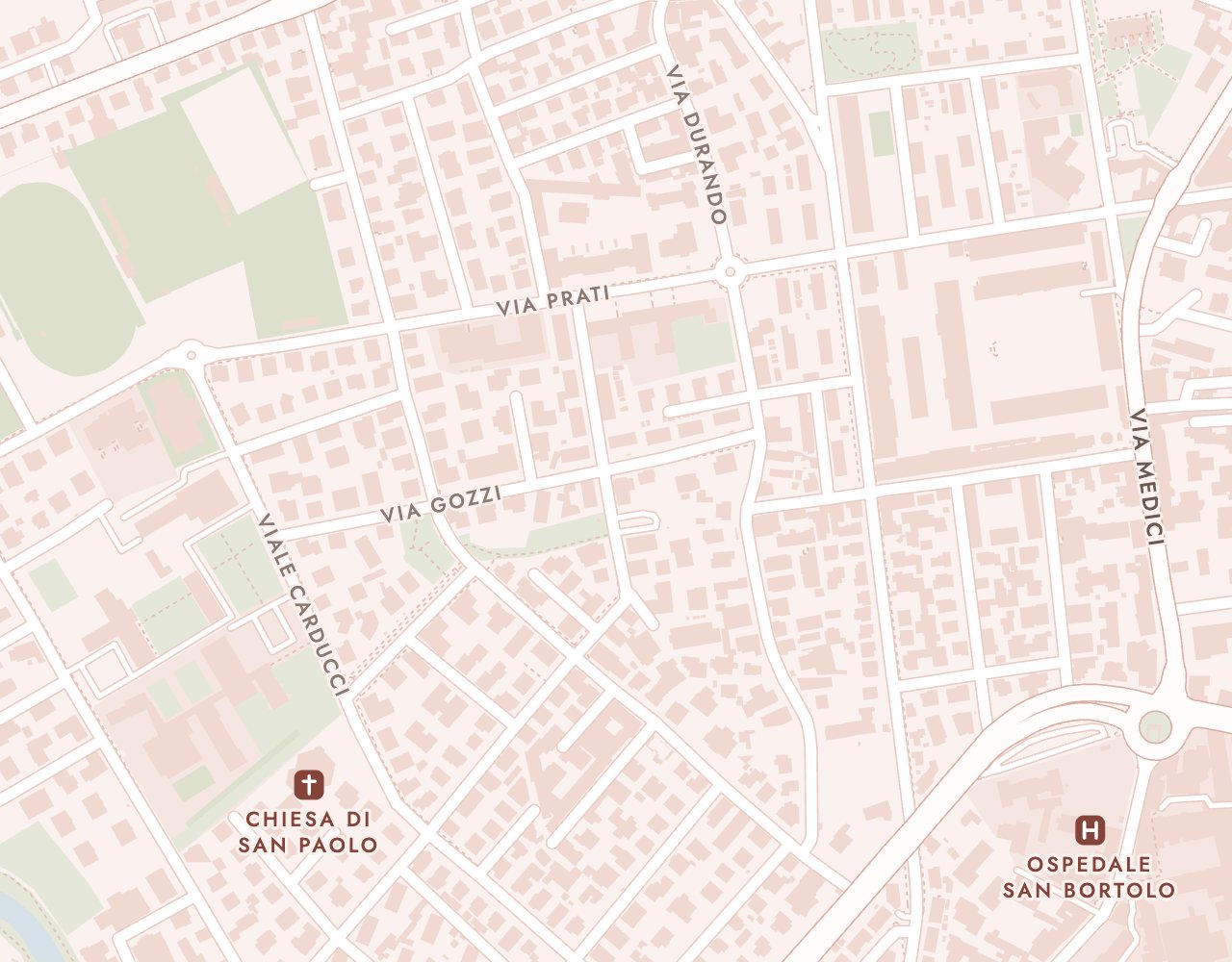 Mappa della zona: il centro è in Via N. Tommaseo 54, nel quartiere San Paolo, tra la Chiesa di San Paolo e l'Ospedale San Bortolo