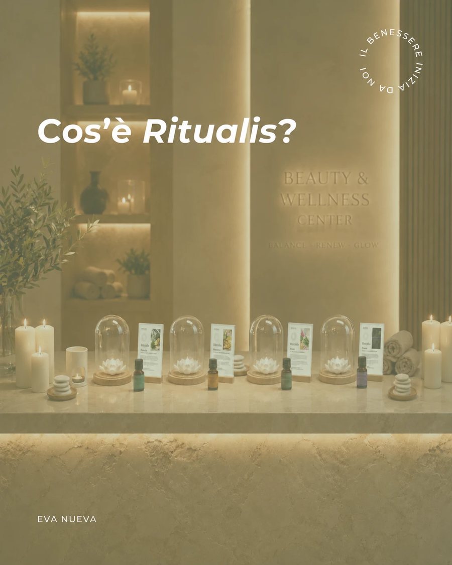 Cos'è Ritualis? L'olio e le quattro essenze Eva Nueva esposti in un centro benessere, tra candele e piante