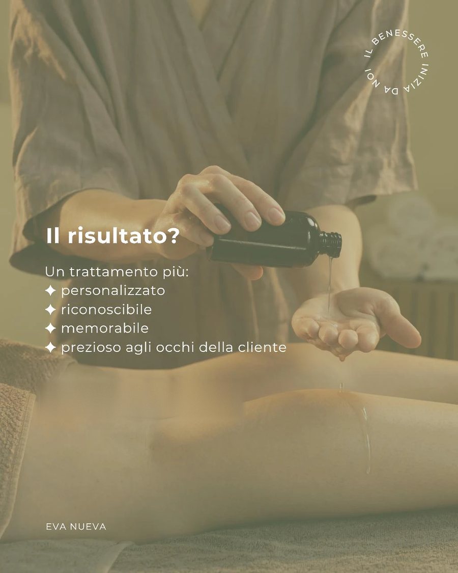 Il risultato? Un trattamento più personalizzato, riconoscibile, memorabile: l'olio Ritualis versato nel palmo durante il massaggio