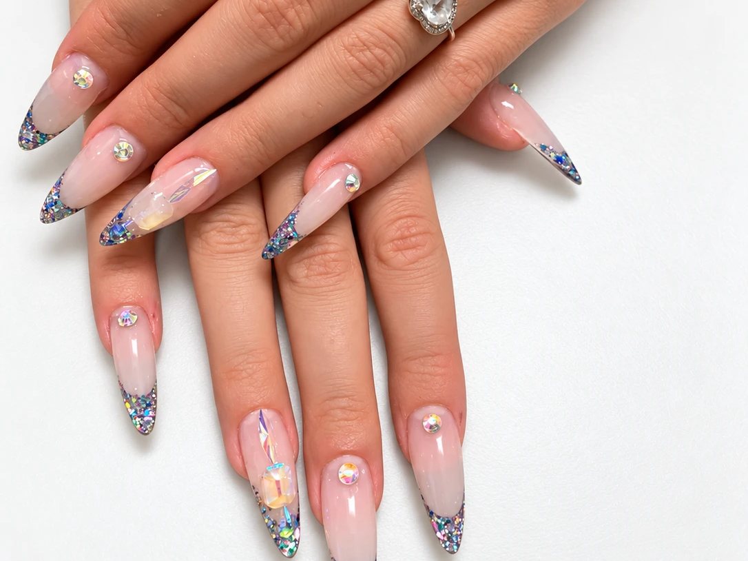 Mani con unghie a mandorla ricostruite, french con glitter e strass